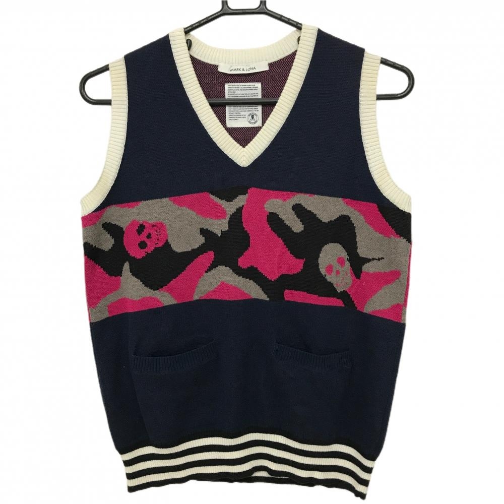 マークアンドロナ ニットベスト ネイビー×ピンク×黒 一部迷彩 カモフラ Vネック  レディース WM ゴルフウェア MARK＆LONA