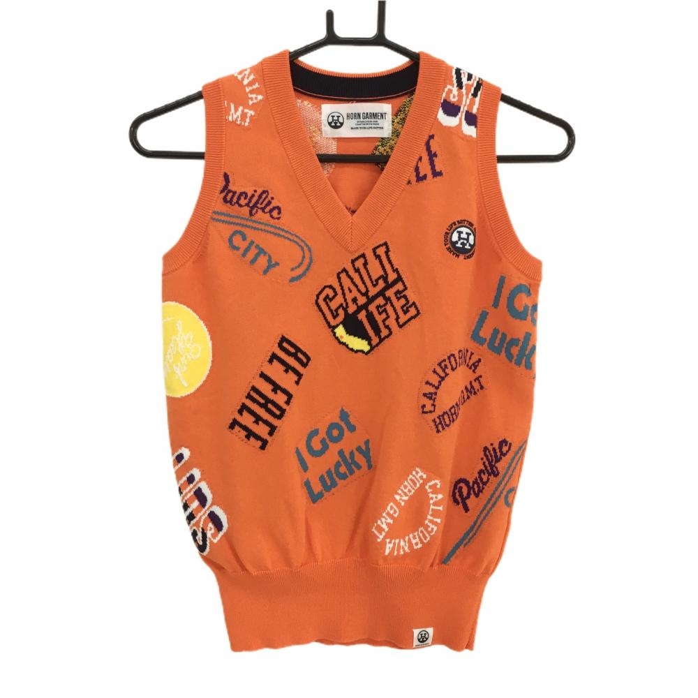 【超美品】ホーンガーメント ニットベスト オレンジ×マルチカラー 総柄 マークアンドロナ Vネック レディース M ゴルフウェア MARK＆LONA