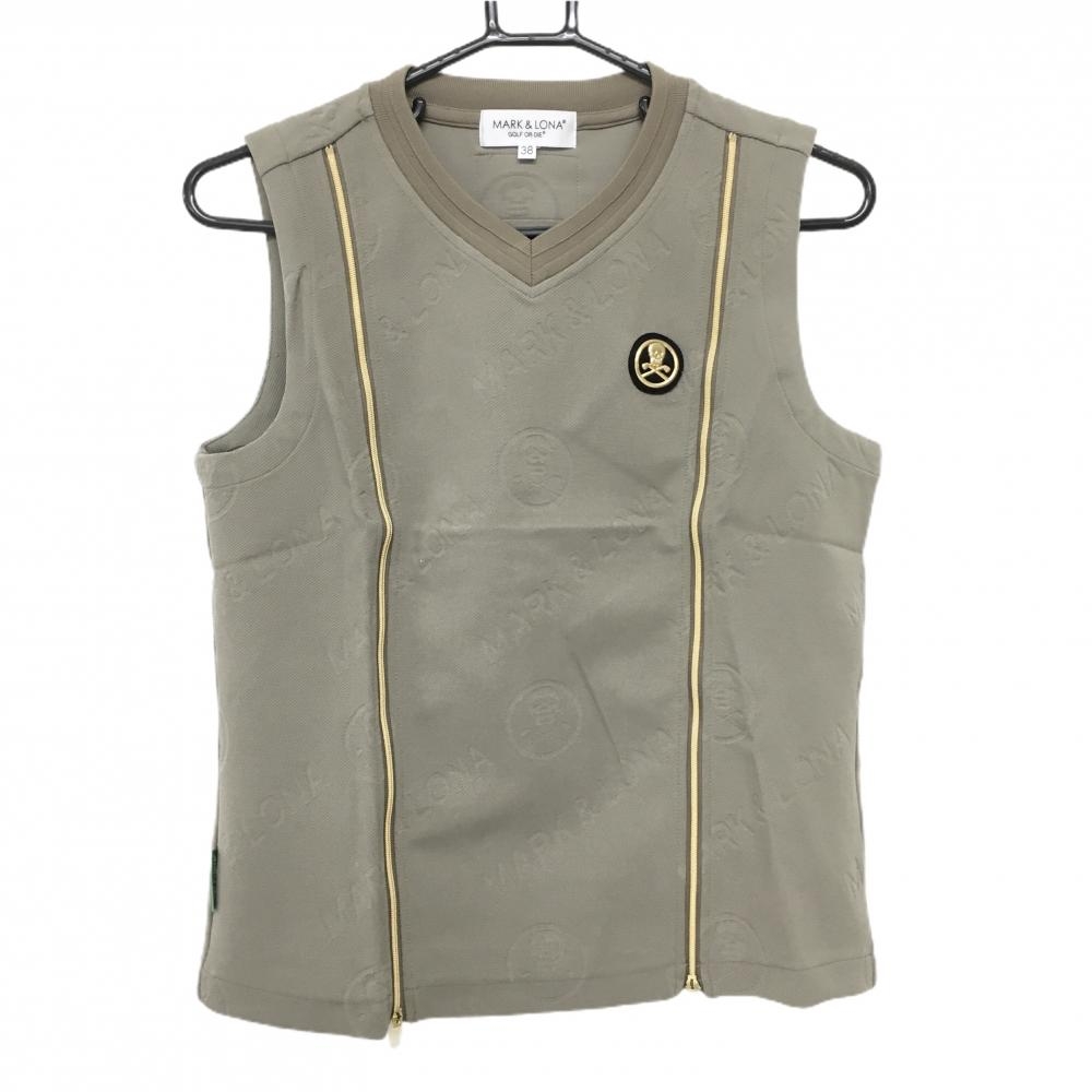 【超美品】マークアンドロナ ベスト グレージュ系 ロゴ総柄 Vネック スカルワッペン レディース 38(M) ゴルフウェア MARK＆LONA