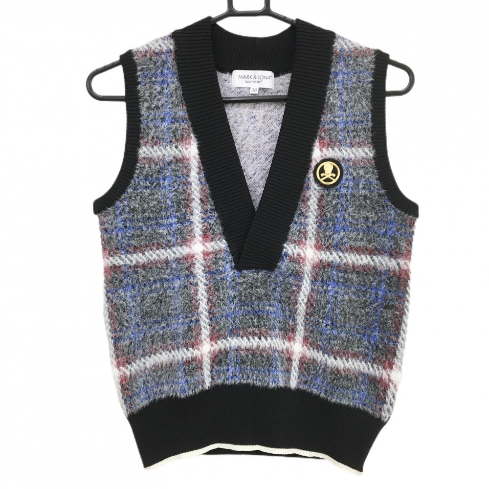 【超美品】マークアンドロナ ニットベスト 黒系×白×ブルー チェック風 起毛 Vネック スカル レディース 38(M) ゴルフウェア MARK＆LONA
