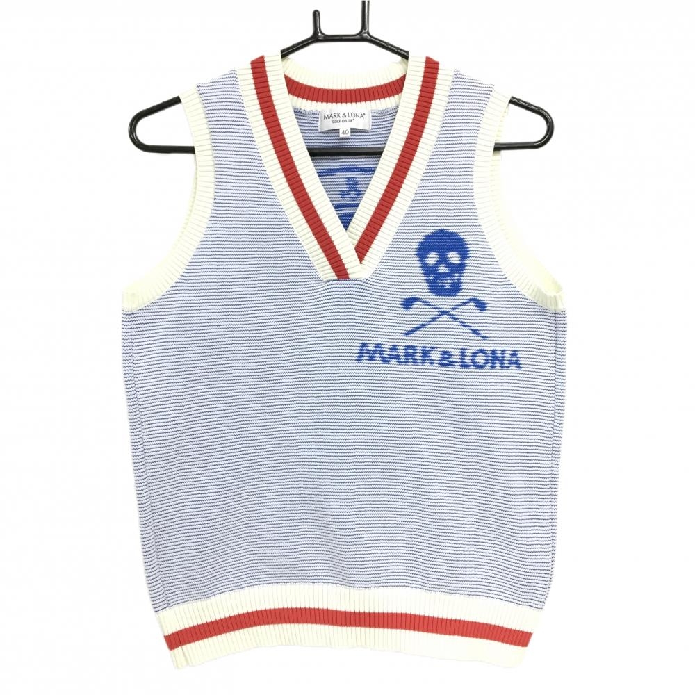 【超美品】マークアンドロナ ニットベスト ブルー×白 Vネック 背面ビッグスカル レディース 40(L) ゴルフウェア MARK＆LONA