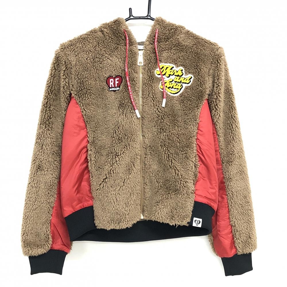 【超美品】マークアンドロナ ボアジップパーカー ブラウン×レッド サイド切替 裏地 レディース 36(S) ゴルフウェア MARK＆LONA