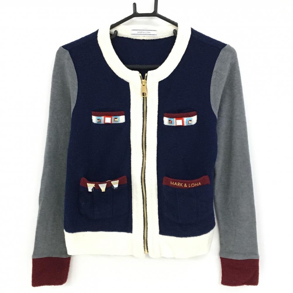 【美品】マークアンドロナ ニットジャケット ネイビー×白×グレー ウール混 異素材 レディース M ゴルフウェア MARK＆LONA