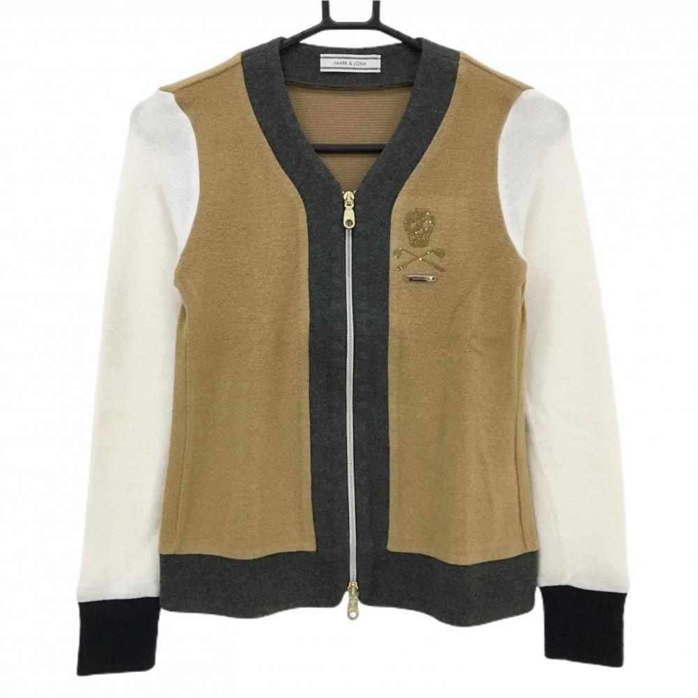 【美品】マークアンドロナ ジャケット ベージュ×白 ラインストーンスカル 起毛素材 切替  レディース S ゴルフウェア MARK＆LONA