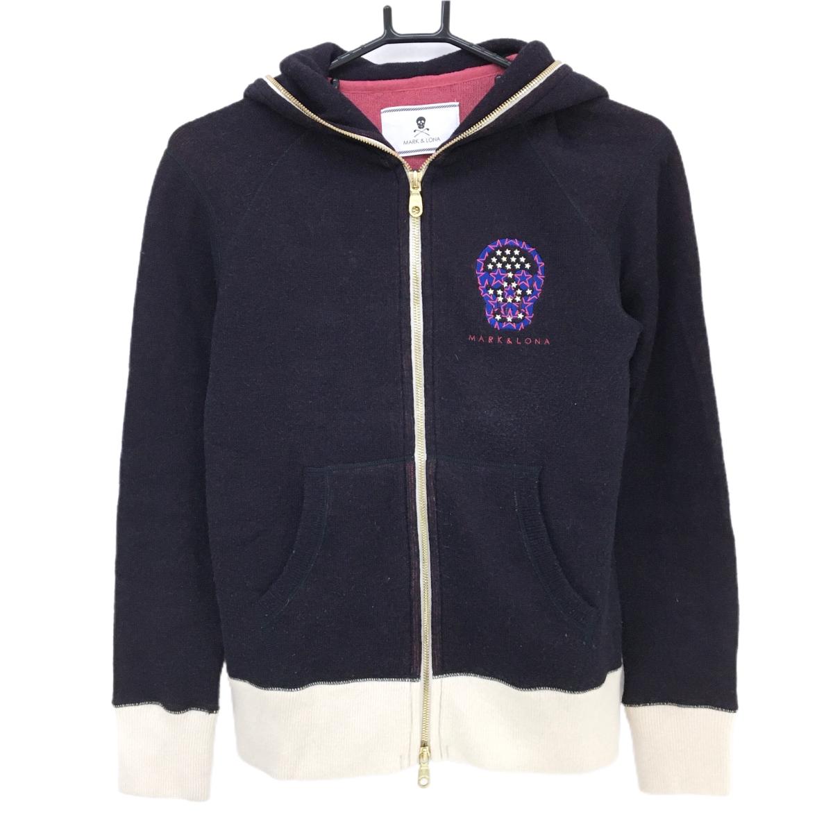 マークアンドロナ ニットジップパーカー ネイビー系×白 スカル 星 レディース M ゴルフウェア MARK＆LONA