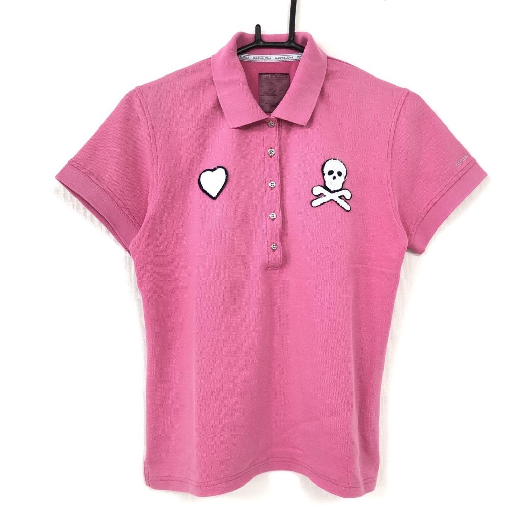 MARK＆LONA マークアンドロナ 半袖ポロシャツ ピンク×白 スカル・ハートワッペン シンプル  レディース M ゴルフウェア