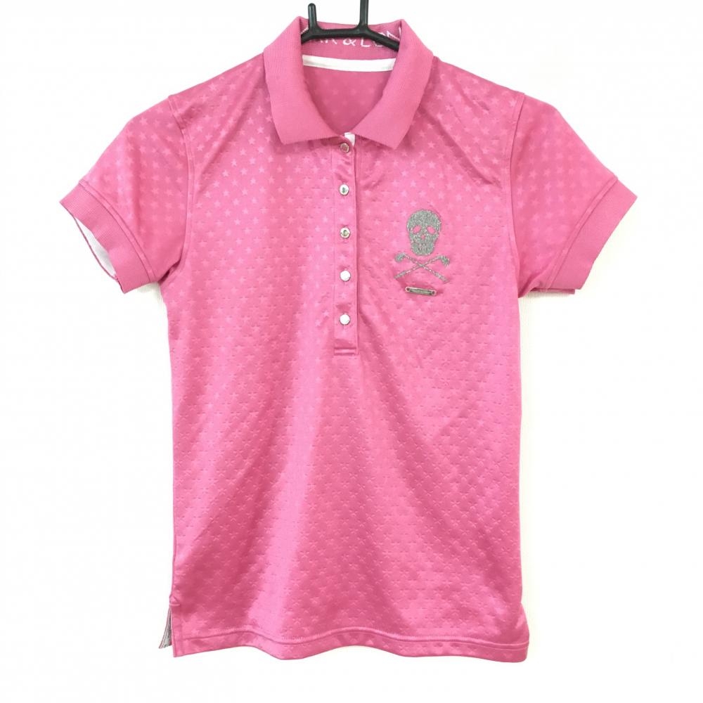 【超美品】MARK＆LONA マークアンドロナ 半袖ポロシャツ ピンク 星柄 総柄 ラメスカル 襟ロゴ レディース S ゴルフウェア