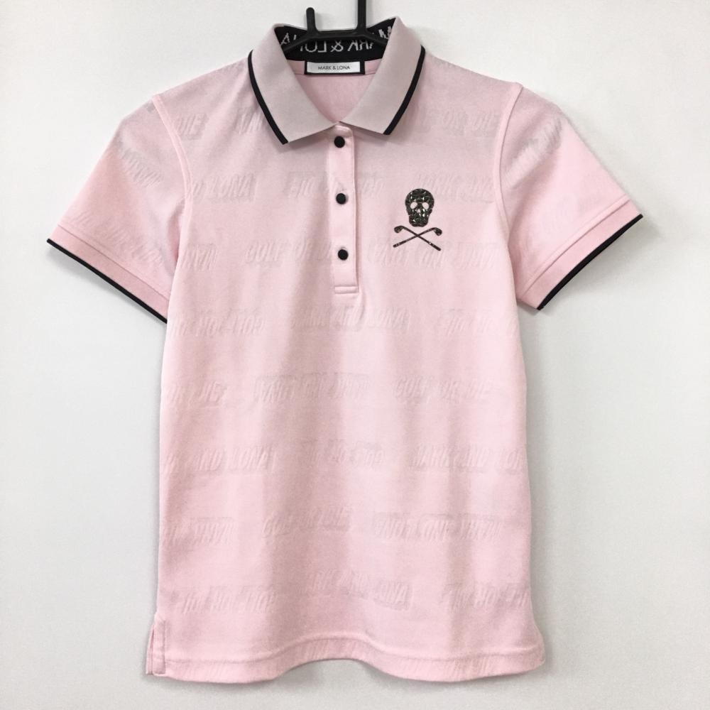 【美品】MARK＆LONA マークアンドロナ 半袖ポロシャツ ピンク×黒 ロゴ地模様 総柄 スカル  レディース 36 ゴルフウェア