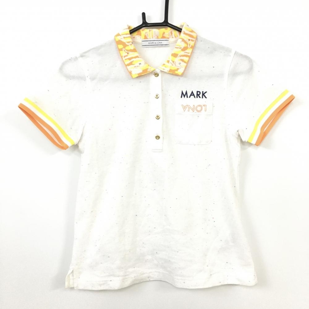 【超美品】MARK＆LONA マークアンドロナ 半袖ポロシャツ 白×オレンジ 総柄 コットン混 ラインストーン レディース M ゴルフウェア