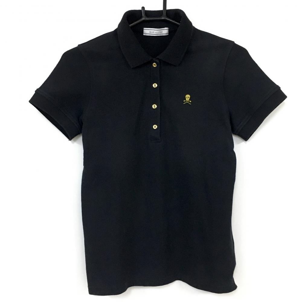 MARK＆LONA マークアンドロナ 半袖ポロシャツ 黒×ゴールド スカルワッペン 襟裏ワッペン  レディース M ゴルフウェア