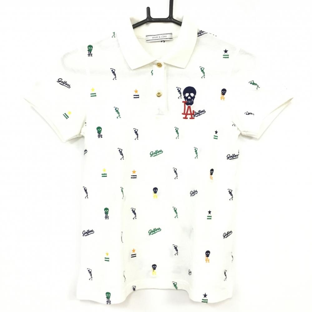 【美品】MARK＆LONA マークアンドロナ 半袖ポロシャツ 白×ネイビー 刺しゅう総柄 スカル レディース S ゴルフウェア