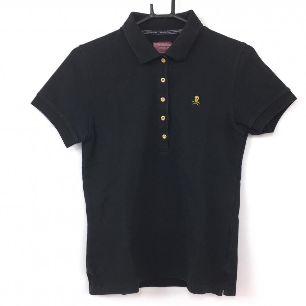 MARK＆LONA マークアンドロナ 半袖ポロシャツ 黒×ゴールド スカルワッペン 襟裏ロゴ レディース M ゴルフウェア