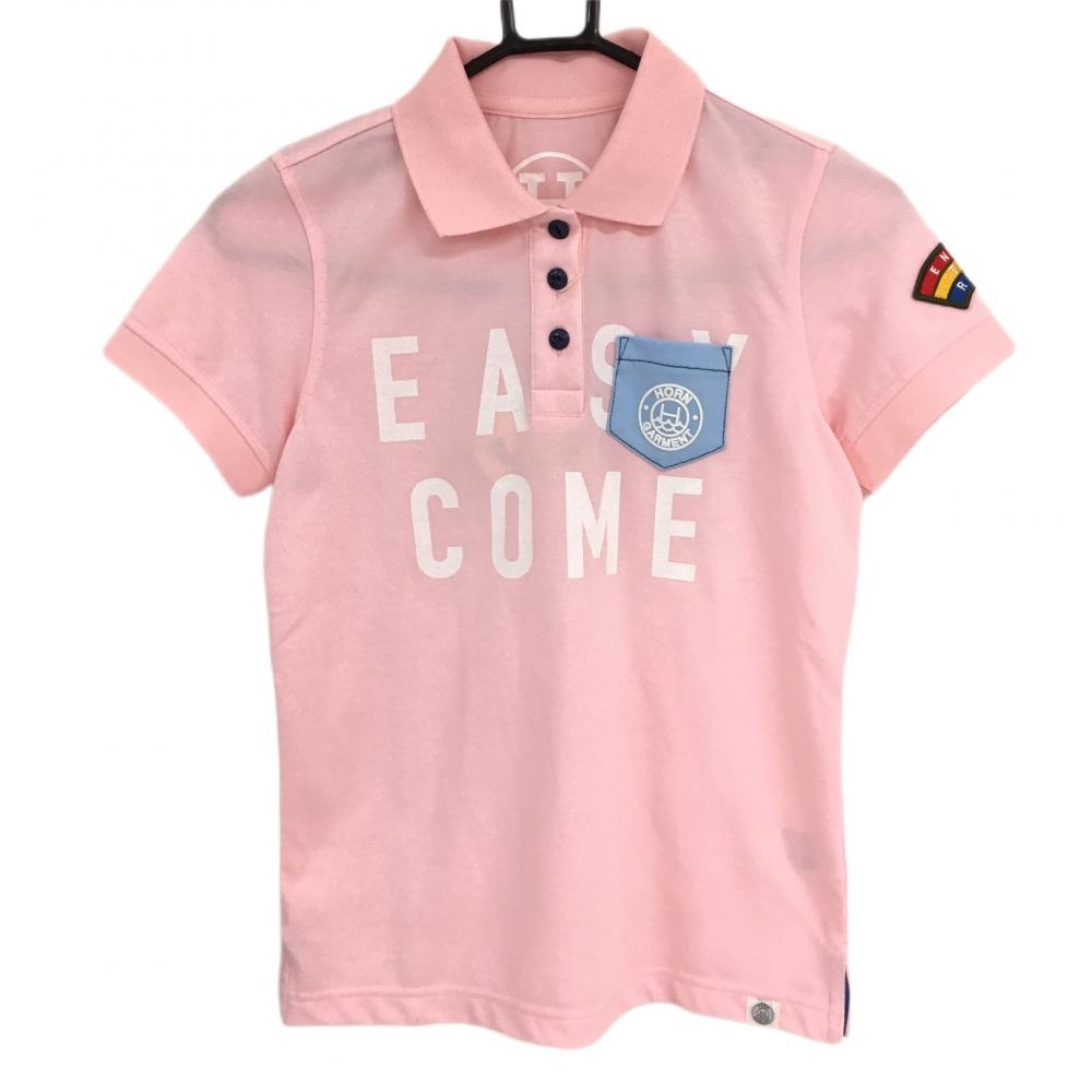 【新品】ホーンガーメント 半袖ポロシャツ ピンク×白 マークアンドロナ ニコちゃん レディース S ゴルフウェア MARK＆LONA
