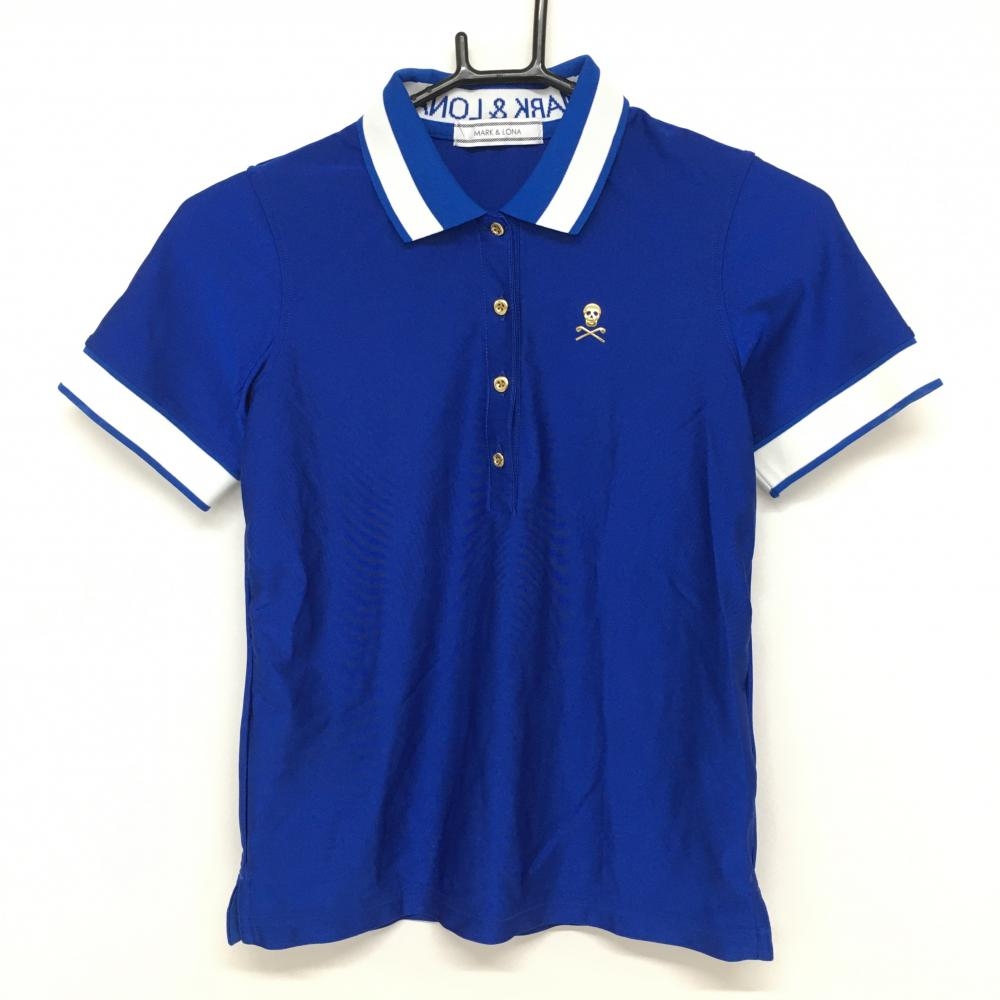 【美品】マークアンドロナ 半袖ポロシャツ ブルー×白 スカル レディース S ゴルフウェア MARK＆LONA