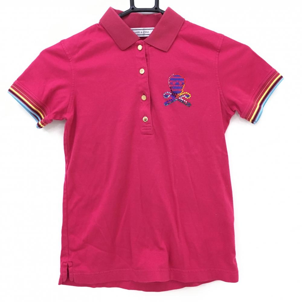 マークアンドロナ 半袖ポロシャツ ピンク 後ろビッグスカル カラフルラインストーン レディース XS ゴルフウェア MARK＆LONA