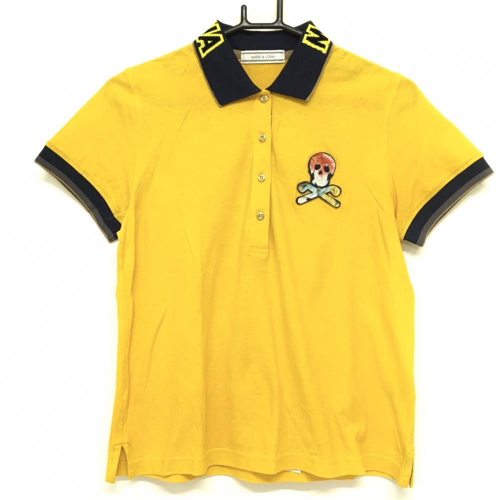 【超美品】マークアンドロナ×Disney 半袖ポロシャツ イエローオレンジ×ネイビー 背面花柄ミッキー レディース M ゴルフウェア MARK＆LONA