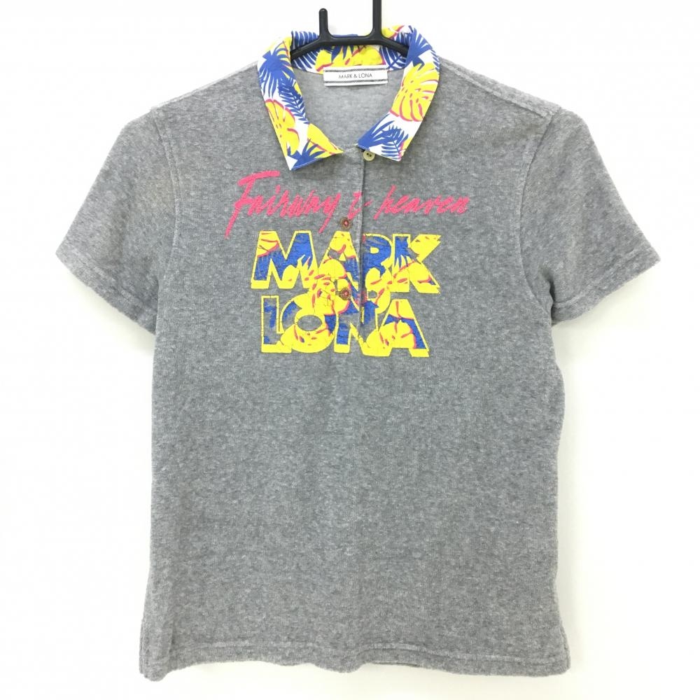 【美品】マークアンドロナ 半袖ポロシャツ グレー×イエロー パイル地 襟リーフ柄 レディース M ゴルフウェア MARK＆LONA