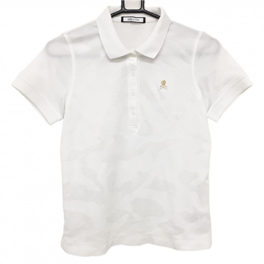 マークアンドロナ 半袖ポロシャツ 白 迷彩・スカル総柄地模様  レディース 38(M) ゴルフウェア MARK＆LONA
