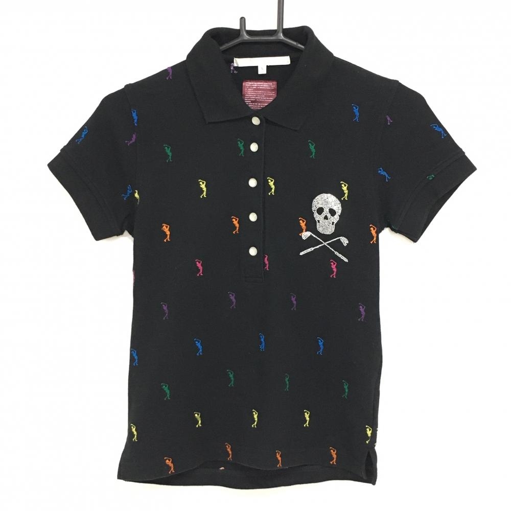 マークアンドロナ 半袖ポロシャツ 黒×マルチカラー 刺しゅう総柄 ラインストーンスカル レディース S ゴルフウェア MARK＆LONA