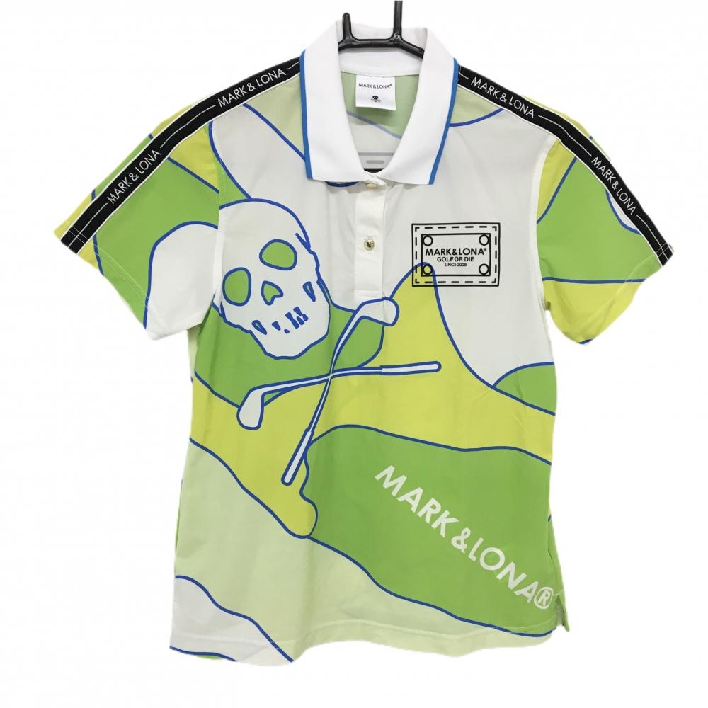 【超美品】マークアンドロナ 半袖ポロシャツ 白×グリーン 総柄 スカル  レディース 38(M) ゴルフウェア 2024年モデル MARK＆LONA