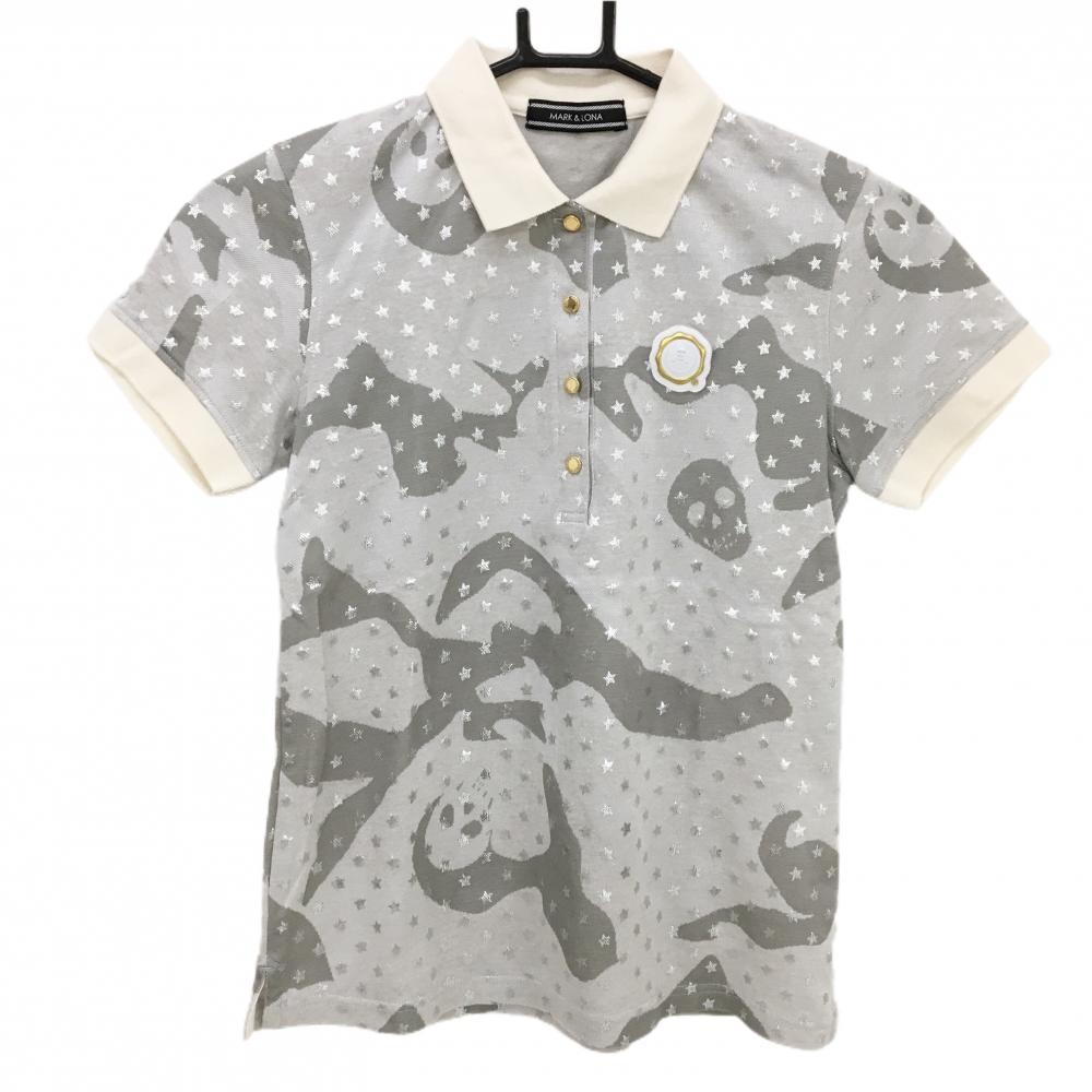 【超美品】マークアンドロナ 半袖ポロシャツ グレー×シルバー 星柄 迷彩 スカル  レディース S ゴルフウェア MARK＆LONA