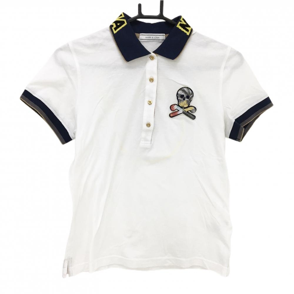 マークアンドロナ×Disney 半袖ポロシャツ 白×ネイビー 背面ミッキー花柄  レディース M ゴルフウェア MARK＆LONA