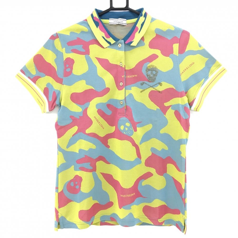 【美品】マークアンドロナ 半袖ポロシャツ イエロー×ピンク×ブルー系 カモフラ地模様 スカル  レディース L ゴルフウェア MARK＆LONA