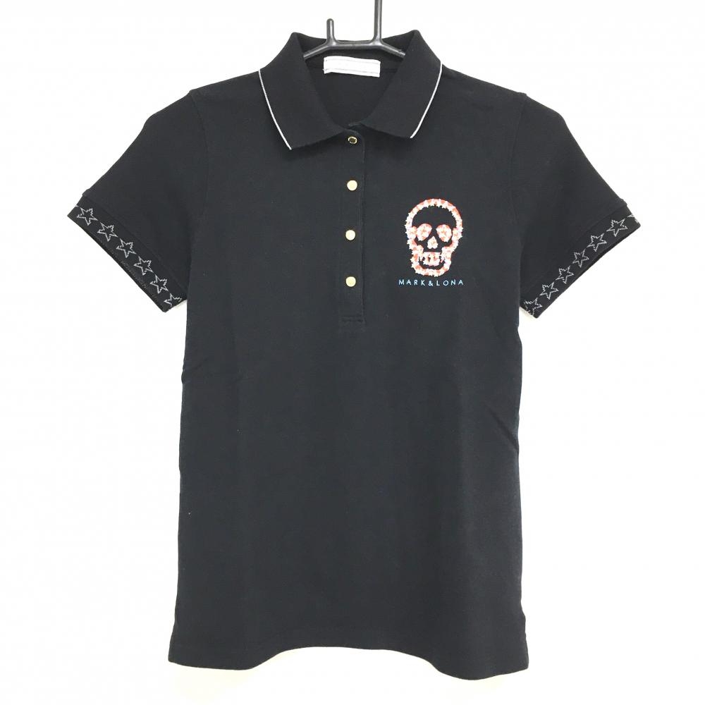 【美品】マークアンドロナ 半袖ポロシャツ 黒 スカル 袖口星  レディース M ゴルフウェア MARK＆LONA