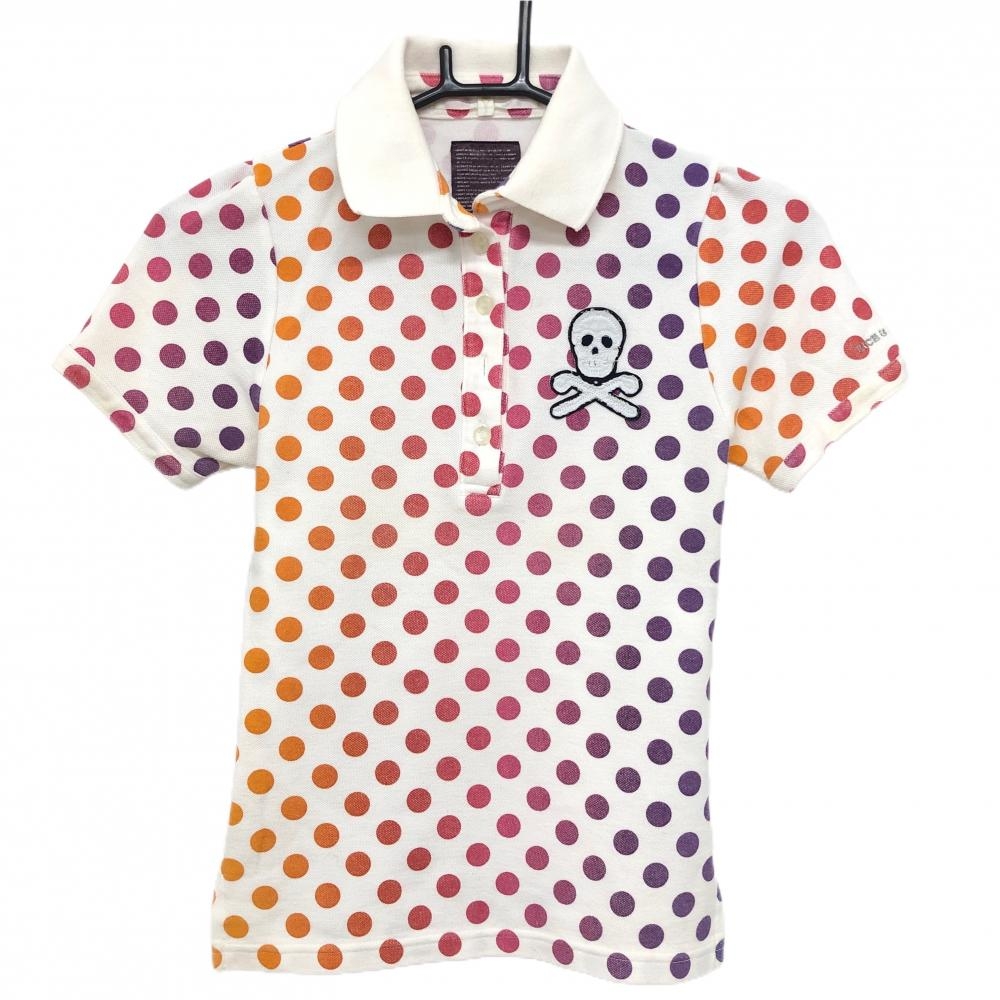 マークアンドロナ 半袖ポロシャツ 白×ピンク×パープル ドット レディース S ゴルフウェア MARK＆LONA