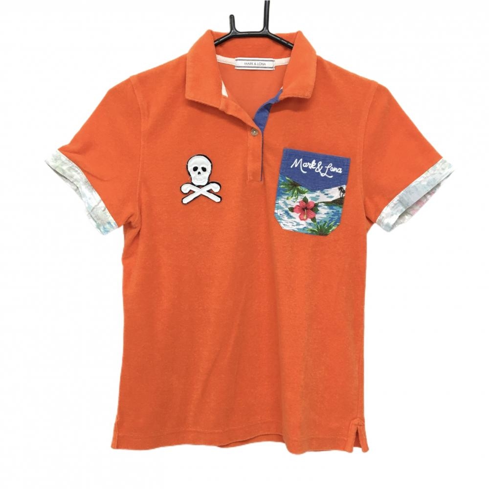 マークアンドロナ 半袖ポロシャツ オレンジ パイル地 胸ポケット レディース M ゴルフウェア MARK＆LONA
