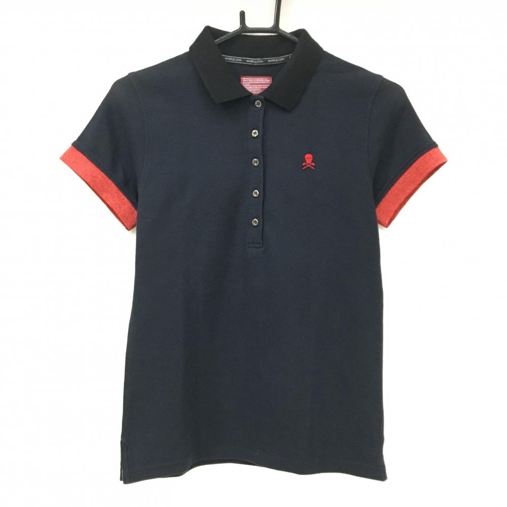 【超美品】マークアンドロナ 半袖ポロシャツ 黒 襟裏・袖口ラメレッド スカル レディース M ゴルフウェア MARK＆LONA