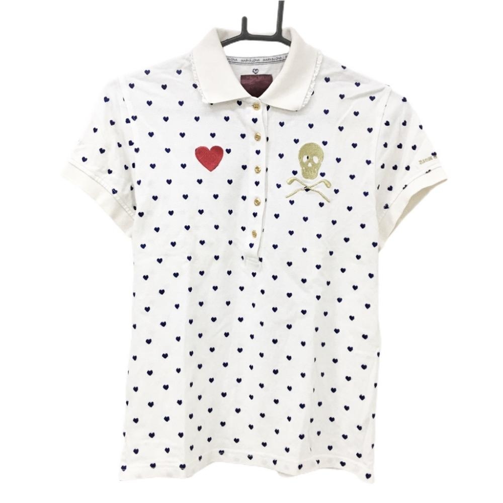 マークアンドロナ 半袖ポロシャツ 白×ブルー ハート総柄 スカル 襟縁レース レディース M ゴルフウェア MARK＆LONA