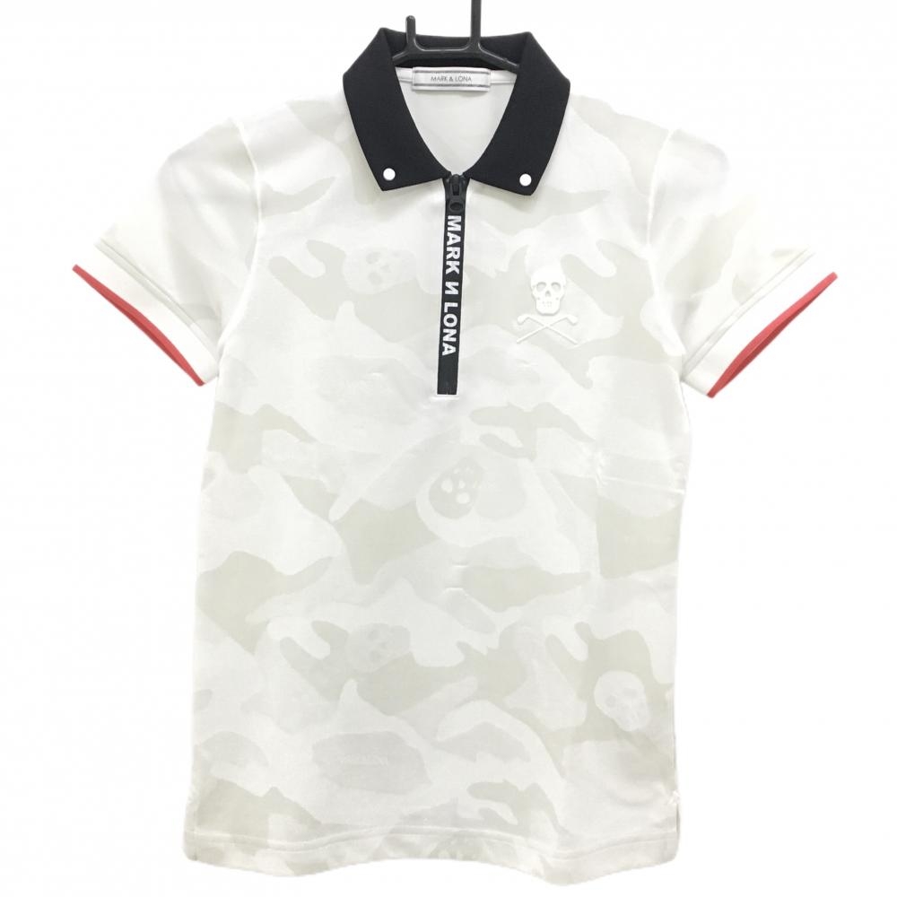 【美品】マークアンドロナ 半袖ポロシャツ 白×ライトグレー カモフラ柄 迷彩 ハーフジップ レディース 36(S) ゴルフウェア MARK＆LONA