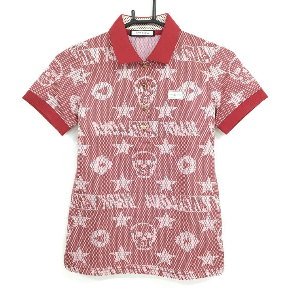 【美品】マークアンドロナ 半袖ポロシャツ レッド×白 スカル・星総柄 襟内側メッシュ レディース 36(S) ゴルフウェア MARK＆LONA
