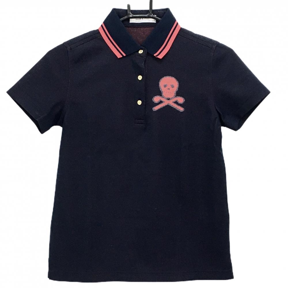 【美品】マークアンドロナ 半袖ポロシャツ ネイビー×レッド シルバーラメ 背面ビッグスカル レディース S ゴルフウェア MARK＆LONA