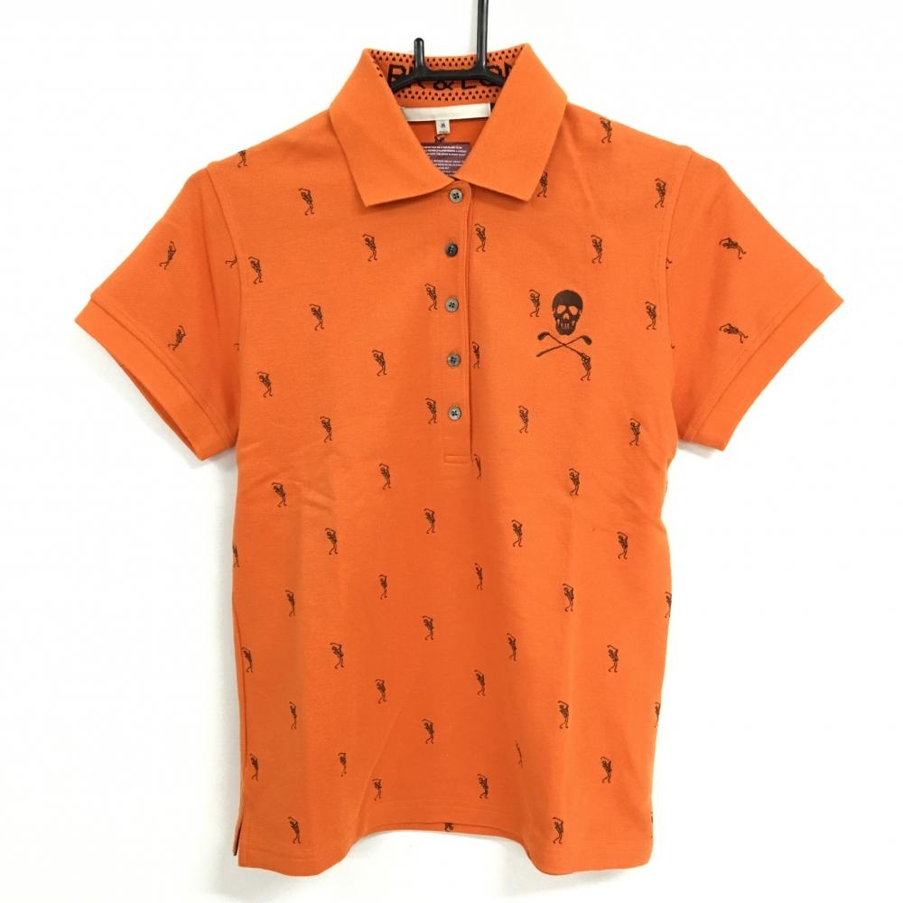 【美品】マークアンドロナ 半袖ポロシャツ オレンジ×ブラウン スカル総柄刺しゅう レディース M ゴルフウェア MARK＆LONA