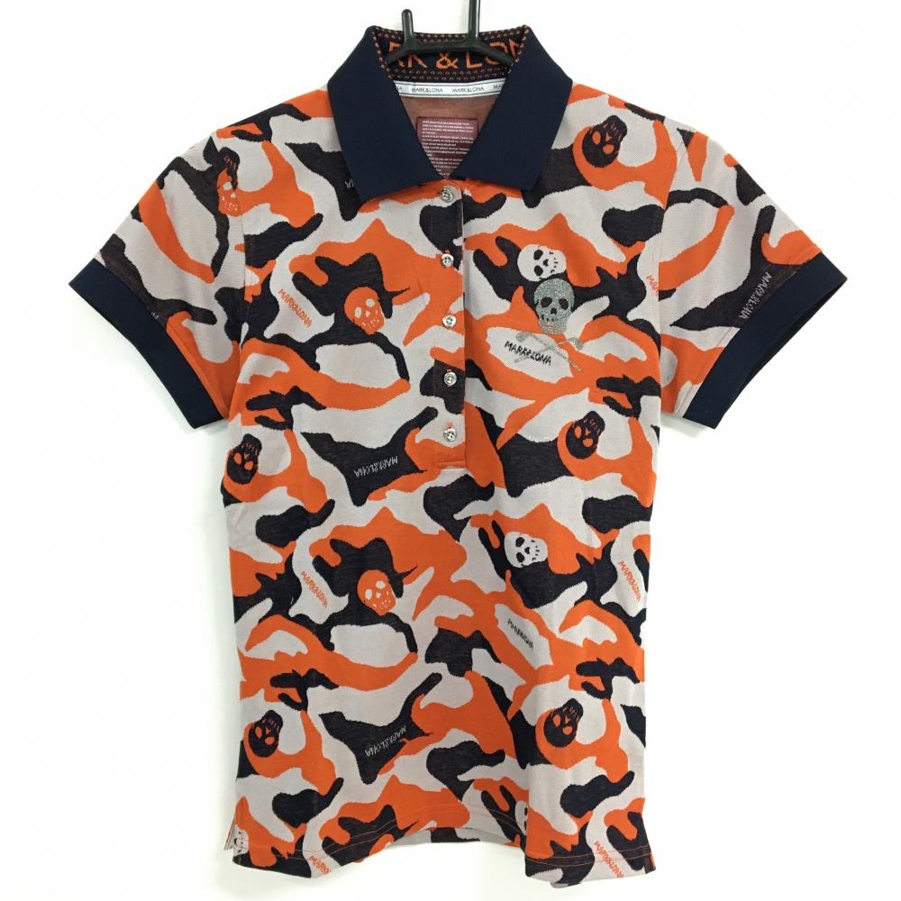 マークアンドロナ 半袖ポロシャツ オレンジ×ネイビー 迷彩 スカル カモフラ レディース M ゴルフウェア MARK＆LONA