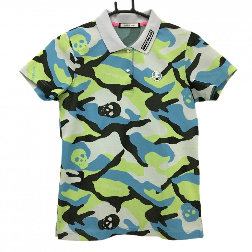 【美品】マークアンドロナ 半袖ポロシャツ ライトグリーン×黒 カモフラ スカル 迷彩 レディース 38(M) ゴルフウェア MARK＆LONA