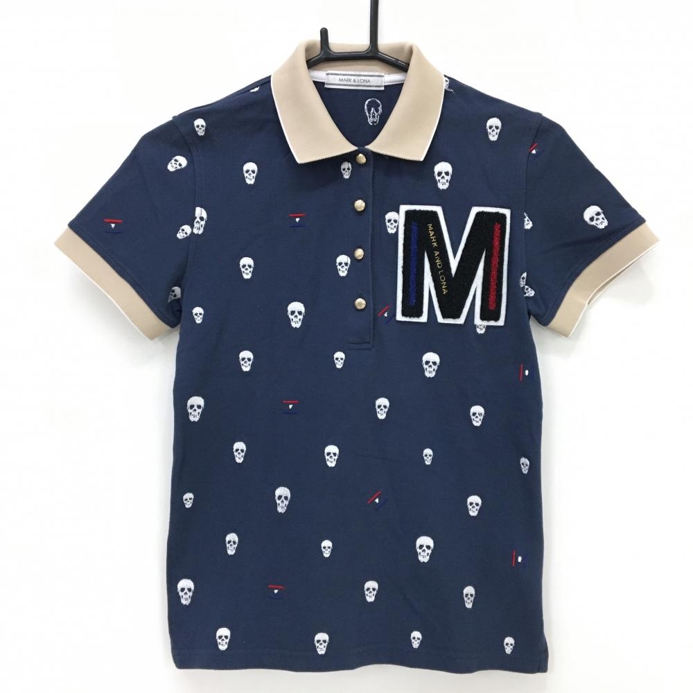 マークアンドロナ 半袖ポロシャツ ネイビー×白 スカル刺しゅう総柄  レディース S ゴルフウェア MARK＆LONA