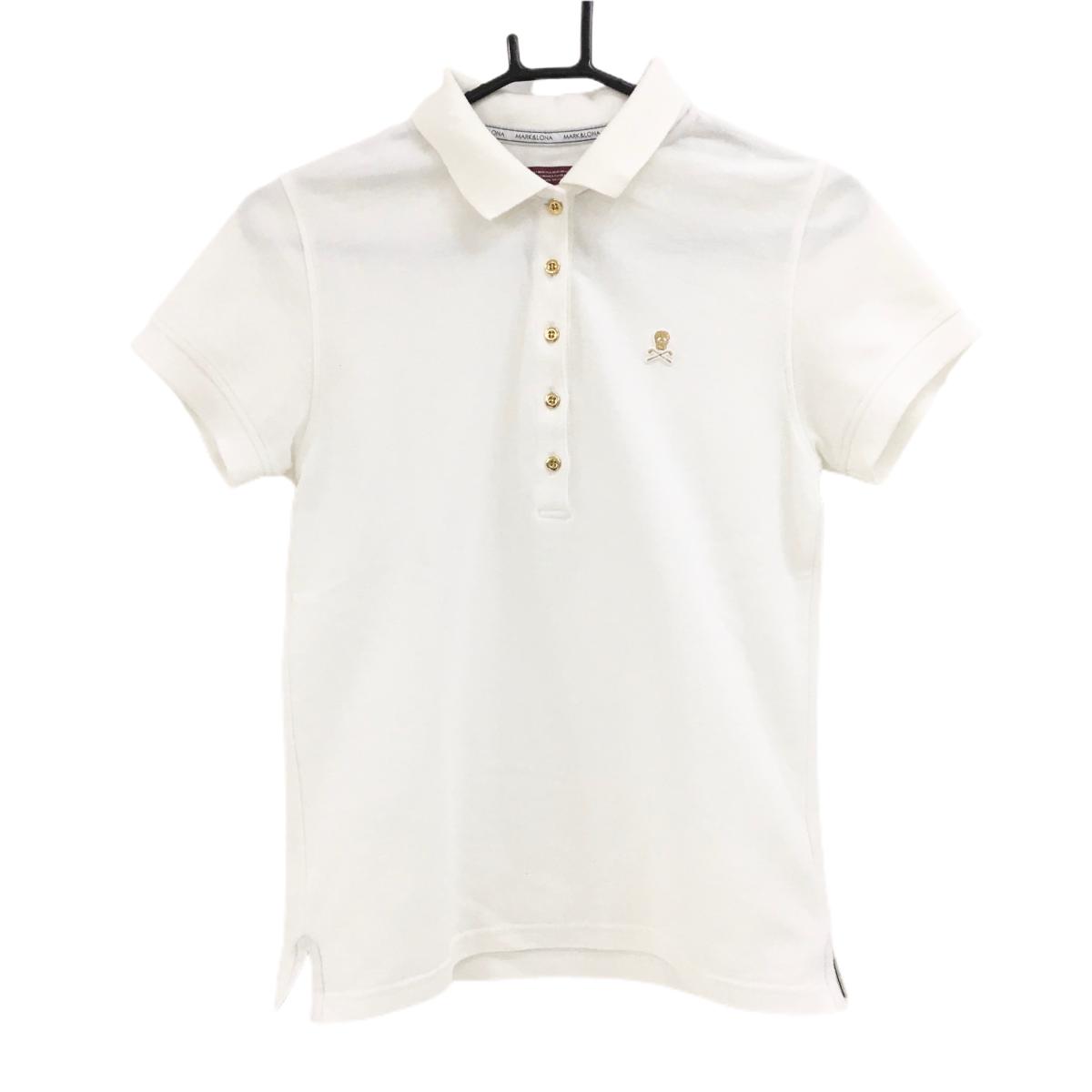 【美品】マークアンドロナ 半袖ポロシャツ 白 スカルワッペン 襟裏ロゴ レディース M ゴルフウェア MARK＆LONA