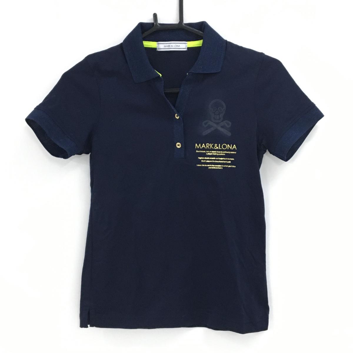 【超美品】マークアンドロナ 半袖ポロシャツ ネイビー 襟・袖口ラメ スカル  レディース S ゴルフウェア MARK＆LONA