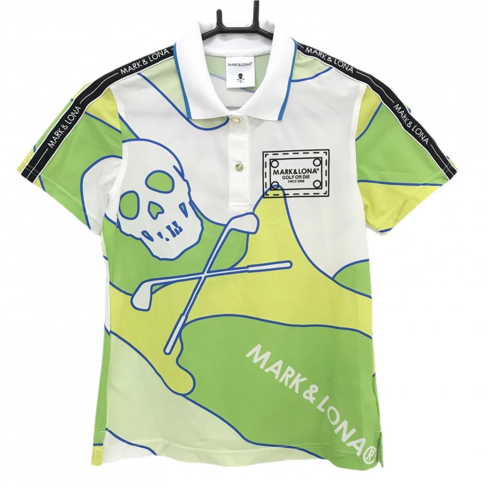 【美品】マークアンドロナ 半袖ポロシャツ 白×ライトグリーン×イエロー 総柄  レディース 36(S) ゴルフウェア 2024年モデル MARK＆LONA