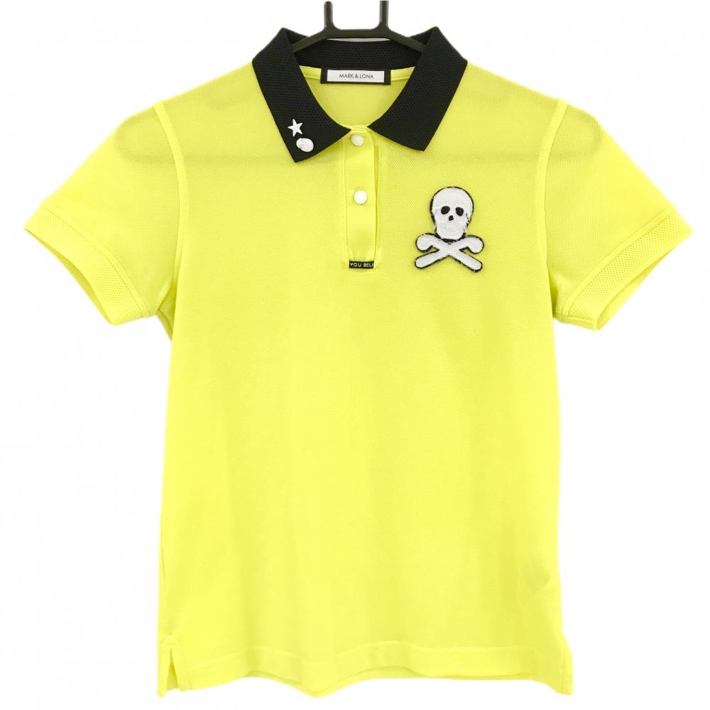 【美品】マークアンドロナ 半袖ポロシャツ イエロー×黒 襟・袖口メッシュ＆ラメ ダメージ加工 レディース 36(S) ゴルフウェア MARK＆LONA