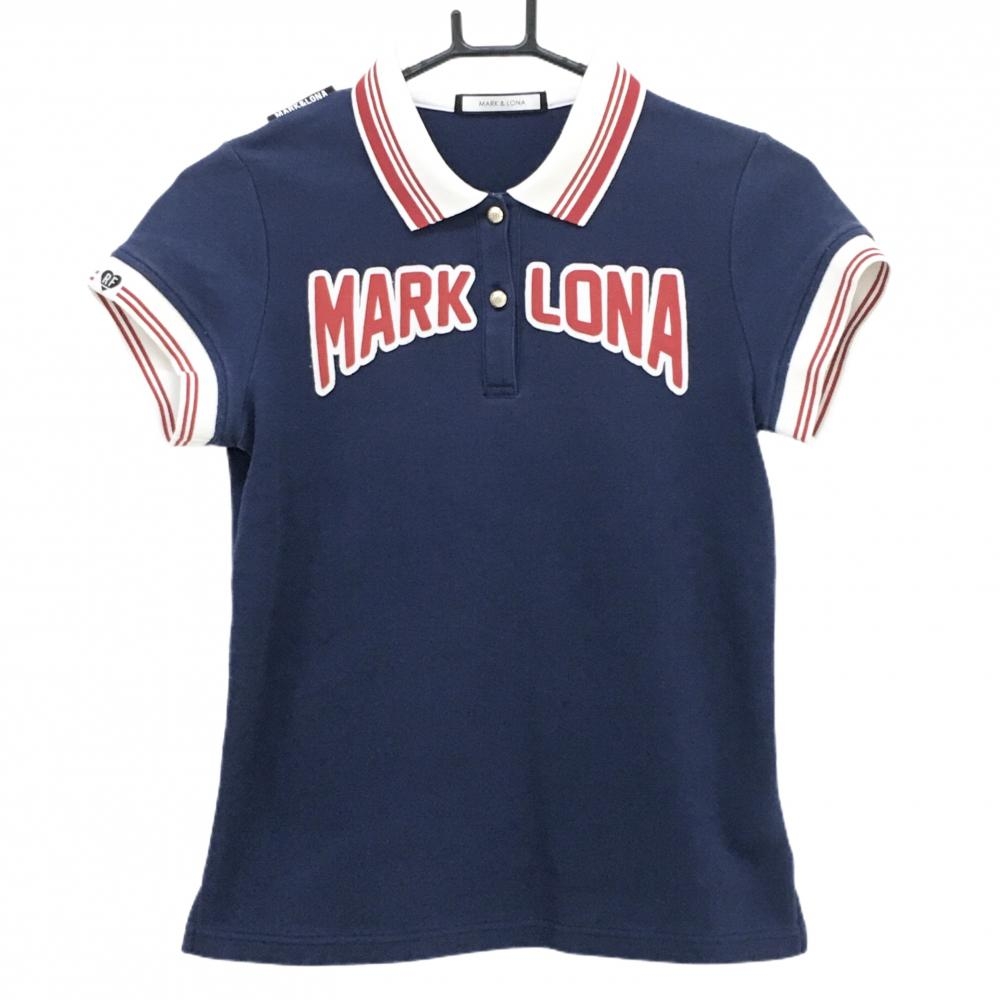 【美品】マークアンドロナ 半袖ポロシャツ ネイビー×レッド 襟・袖口ライン ロゴワッペン レディース 38(M) ゴルフウェア MARK＆LONA