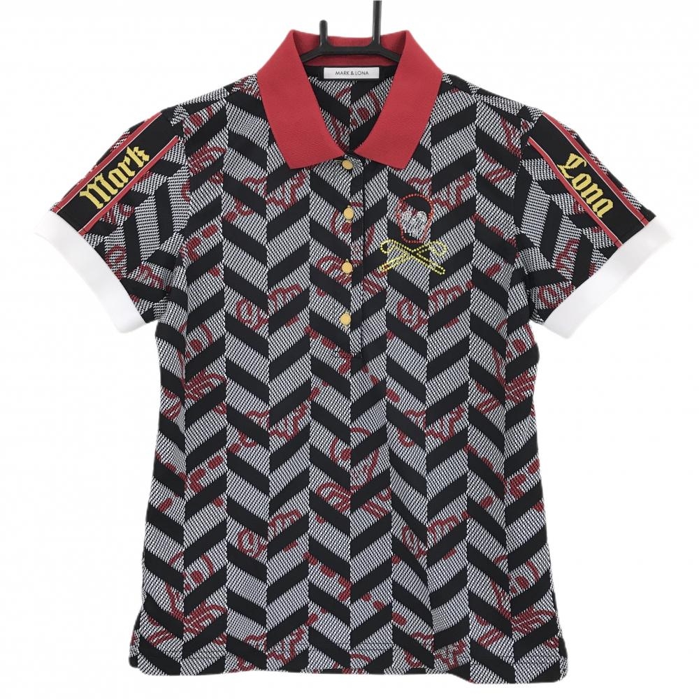 【超美品】マークアンドロナ 半袖ポロシャツ 黒×白×レッド ヘリンボーン スカル総柄  レディース 36(S) ゴルフウェア MARK＆LONA