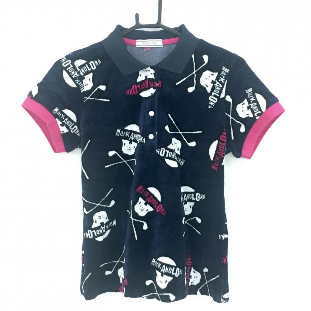 【超美品】マークアンドロナ 半袖ポロシャツ ネイビー×白 スカル総柄 起毛  レディース 40(L) ゴルフウェア MARK＆LONA
