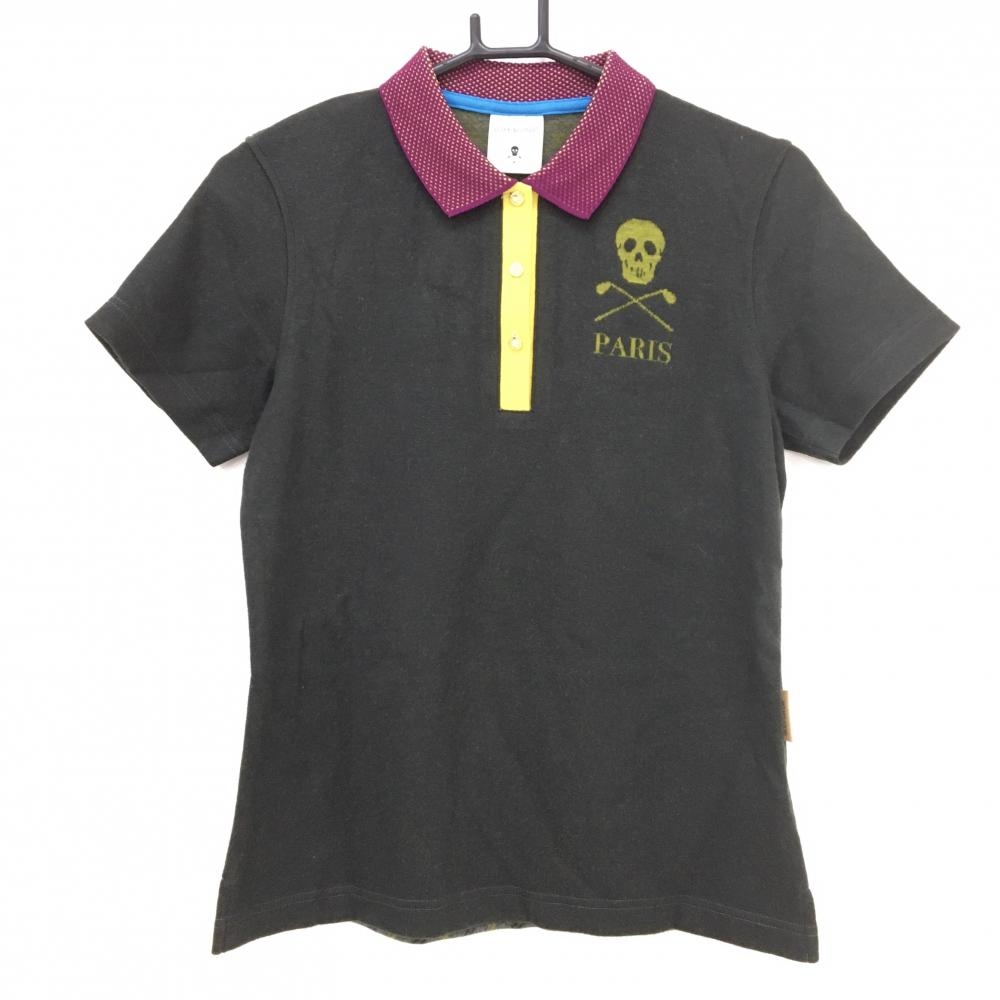 【美品】マークアンドロナ 半袖ポロシャツ 黒系×マスタードイエロー×パープル 後ろチェック  レディース 38(M) ゴルフウェア MARK＆LONA