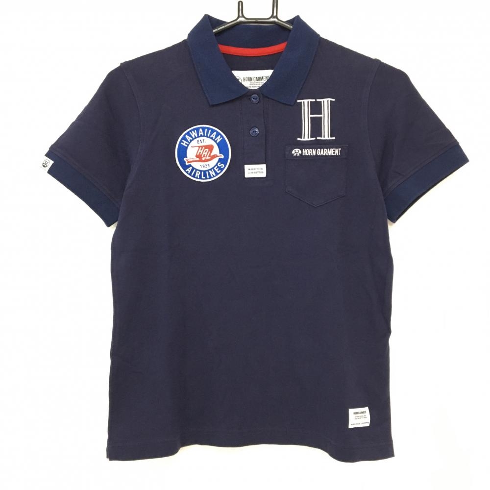 【美品】ホーンガーメント×HAWAIIANAIRLINES 半袖ポロシャツ ネイビー  レディース 38(M) ゴルフウェア MARK＆LONA