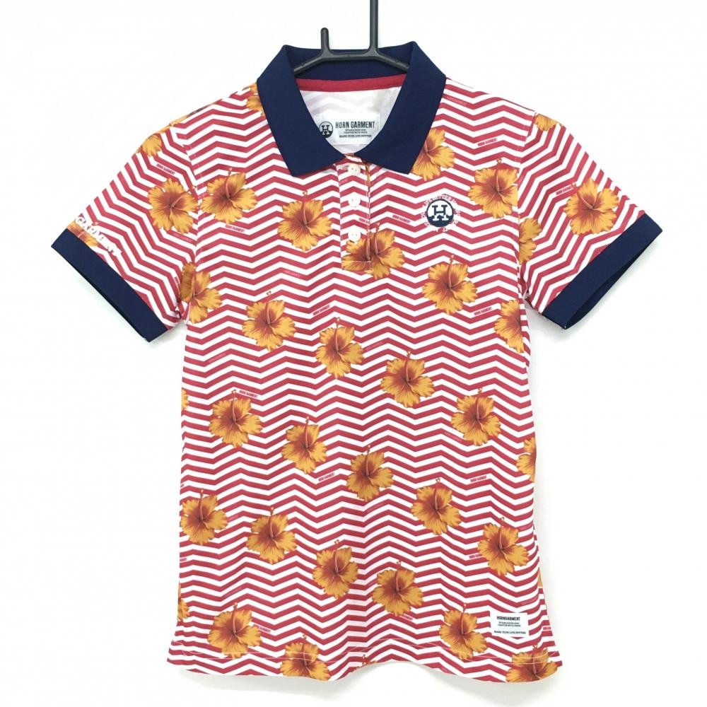 【超美品】ホーンガーメント 半袖ポロシャツ レッドピンク系×白×オレンジ ギザギザボーダー　花柄 レディース M ゴルフウェア MARK＆LONA