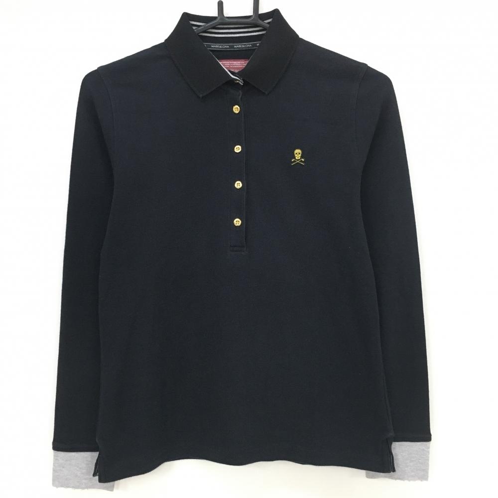 マークアンドロナ 長袖ポロシャツ 黒×グレー スカルワッペン レディース M ゴルフウェア MARK＆LONA